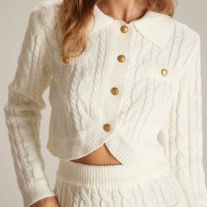 The White Lapel Ribbed Button Cable Cardigan